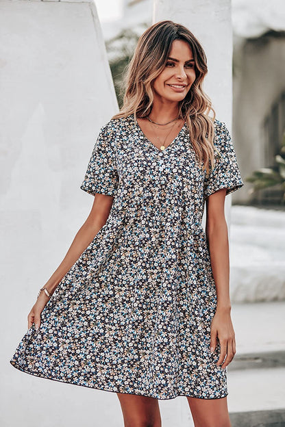 Damen Shift-Kleid V-Ausschnitt Floral Eveloria