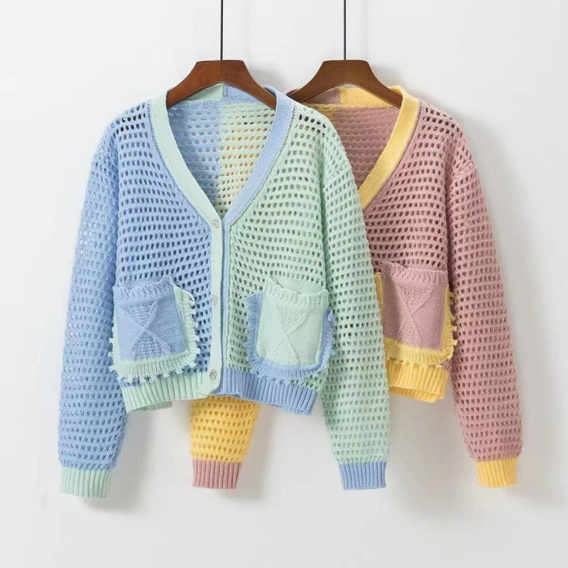 Damen Strickcardigan Luftig Netzstruktur Beige mit Taschen - Eveloria