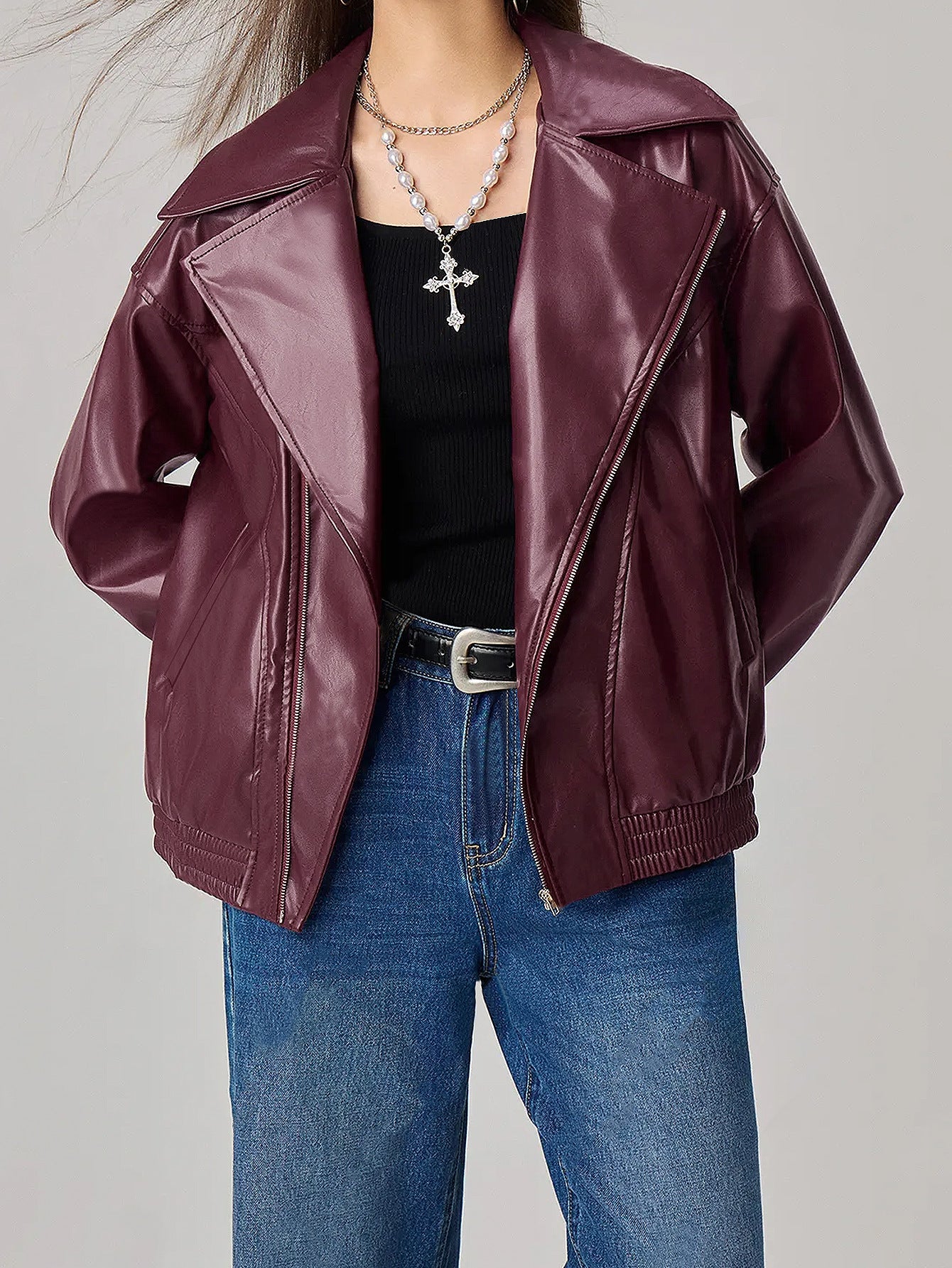 Damen Oversized Kunstlederjacke schmal Reißverschluss