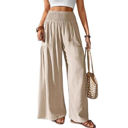 Damen Sommerhose Elastisch Weit mit Seitentaschen Beige