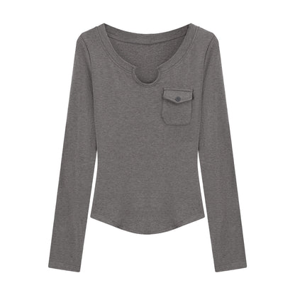 Damen Langarmshirt Slim-Fit Rundhals Brusttasche