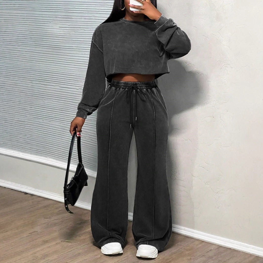 Damen Cropped Loungewear-Set Weites Hosenbein Hochwerder Bund Eveloria - Eveloria