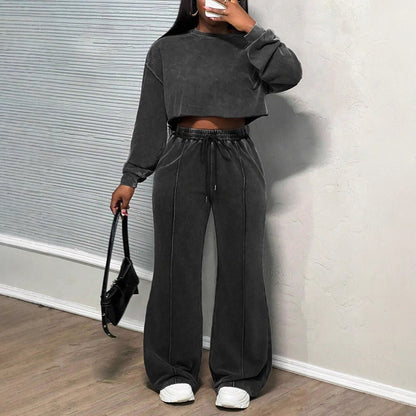 Damen Cropped Loungewear-Set Weites Hosenbein Hochwerder Bund Eveloria - Eveloria