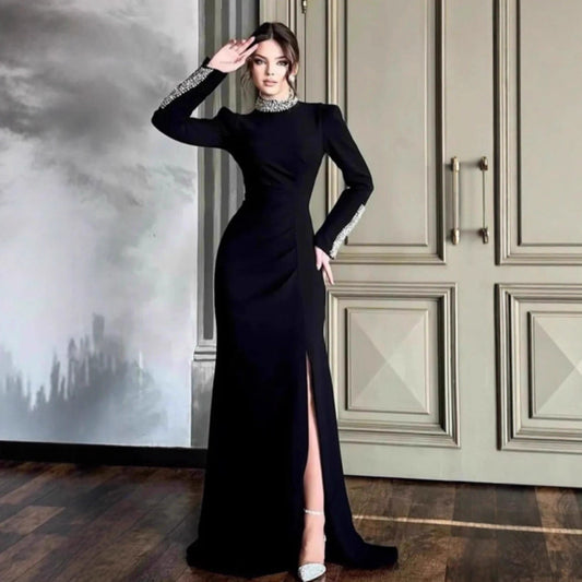 Damen Abendkleid Schimmernd Hohes Schlitzdesign Schwarz - Eveloria