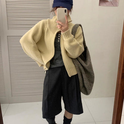 Damen Grobstrickjacke Hochkragen Reißverschluss Eveloria