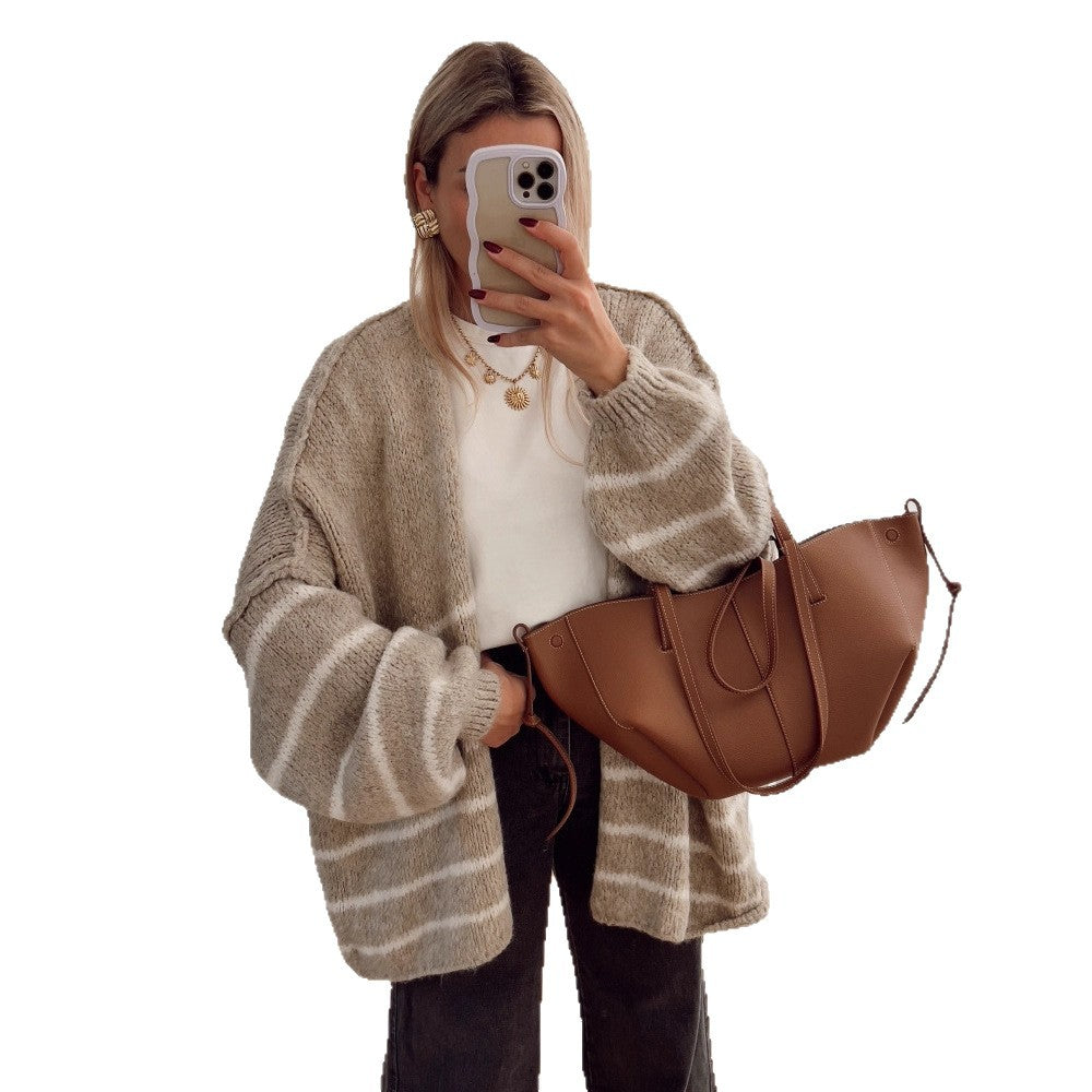 Damen Strickjacke Lässig Zopfmuster Großzügig Ärmelöffnungen
