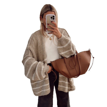Damen Strickjacke Lässig Zopfmuster Großzügig Ärmelöffnungen