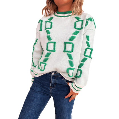Damen Strickpullover Geometrisches Muster Bequem Grau