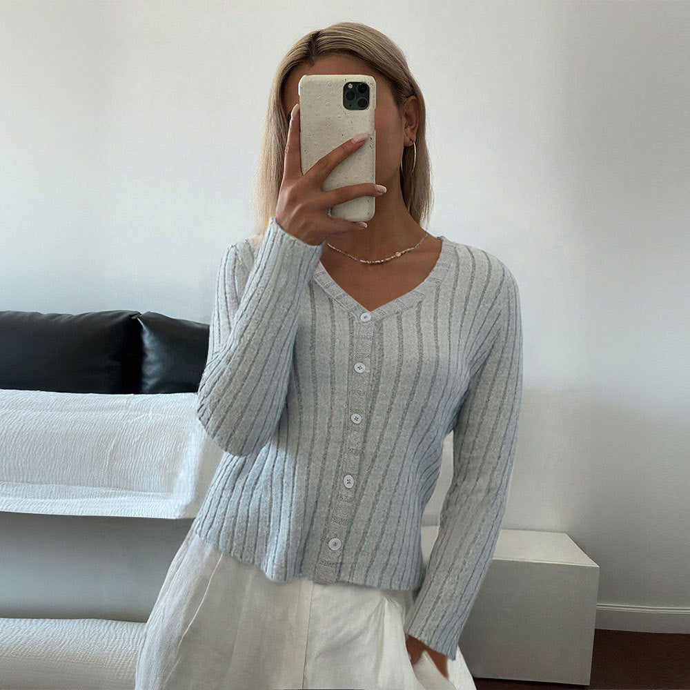 Damen Strickoberteil Feine Rippstrukturen Elegante Knopfleiste