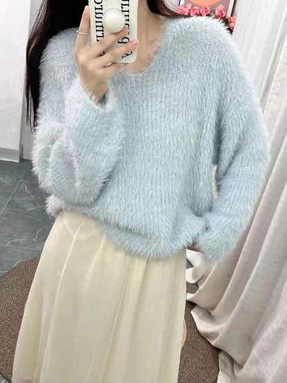 Damen Pullover V-Ausschnitt Flausch langarm Glitzer Eveloria
