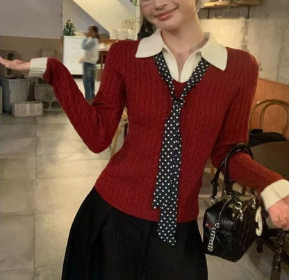 Damen Strickpullover mit Hemdkragen und Krawatte Eveloria