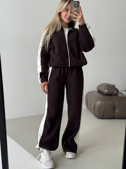 Damen Fleece-Jogginganzug Sportlich Mit Streifen Hocher Kragen