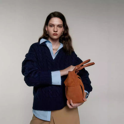 Damen Strickpullover V-Ausschnitt Kabelmuster - Eveloria