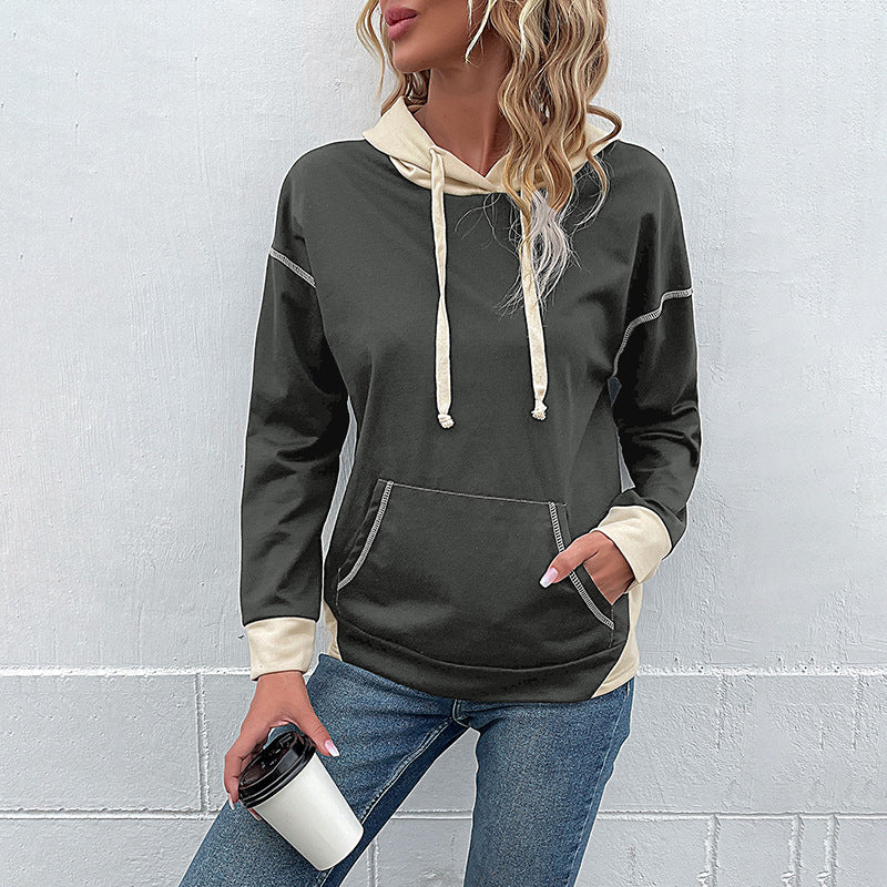Damen Kapuzenpullover mit Taschen Kontrastärmel Grau