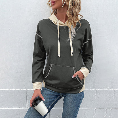 Damen Kapuzenpullover mit Taschen Kontrastärmel Grau