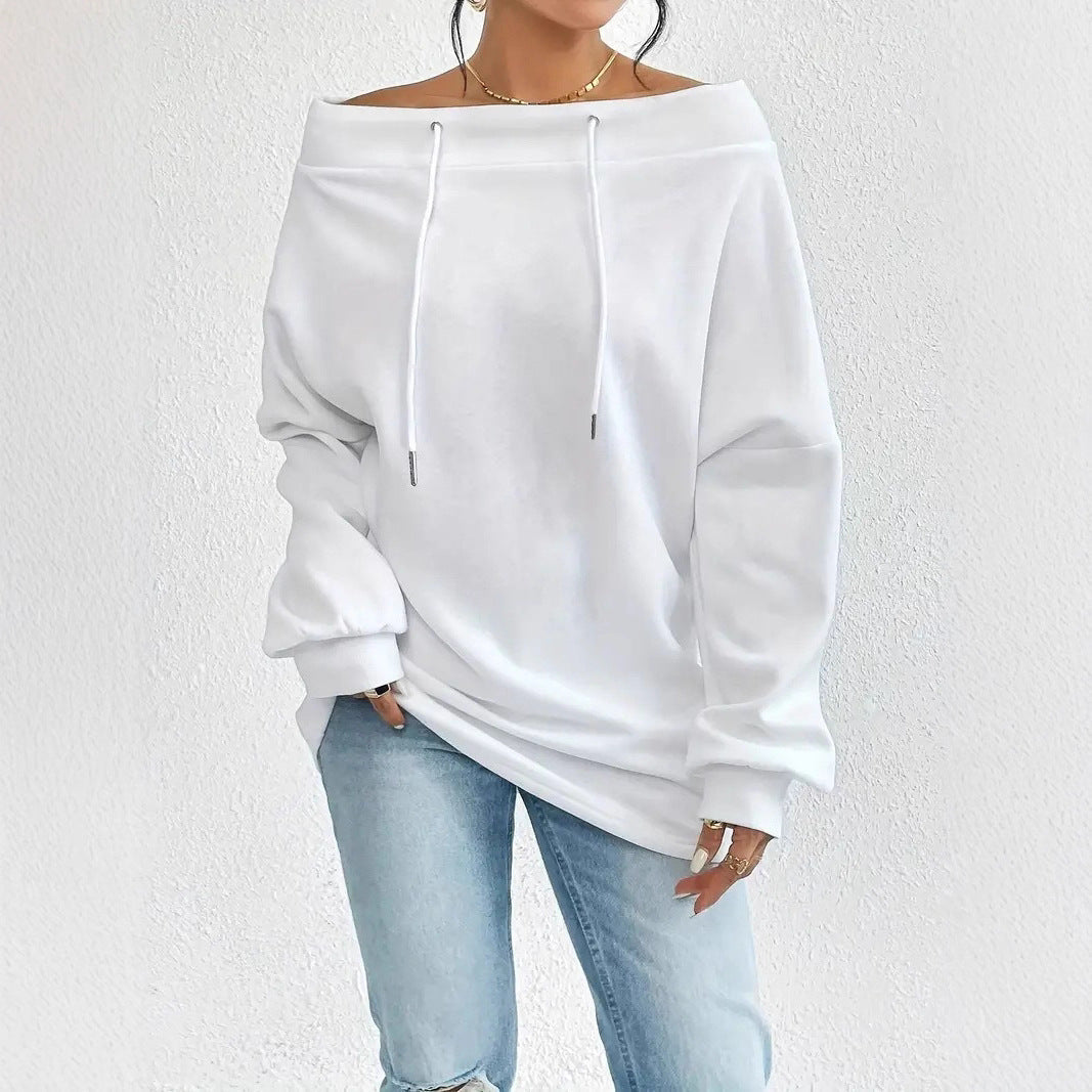 Damen Oversized Pullover Offener Kragen Kordelzüge Beige