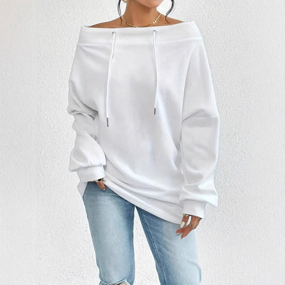 Damen Oversized Pullover Offener Kragen Kordelzüge Beige