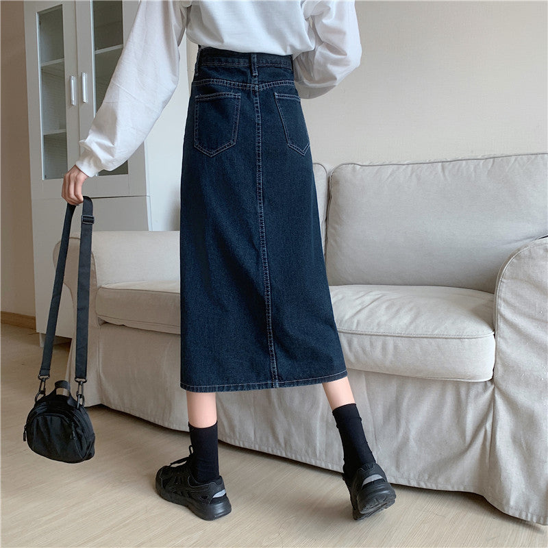 Damen Denim-Rock Lang Mit Seitlichem Schlitz Blau