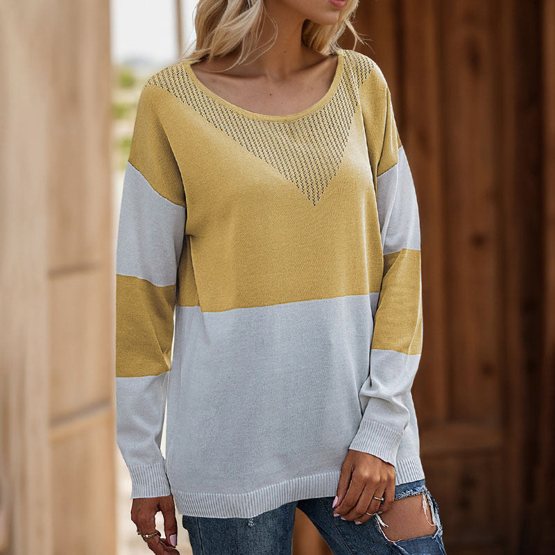 Damen Strickpullover Modernes Blockdesign Rundhals Beige