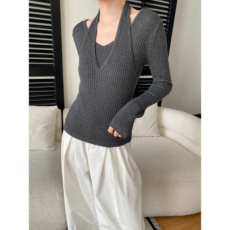 Damen Strickpullover V-Ausschnitt mit Cut-Outs Elegant