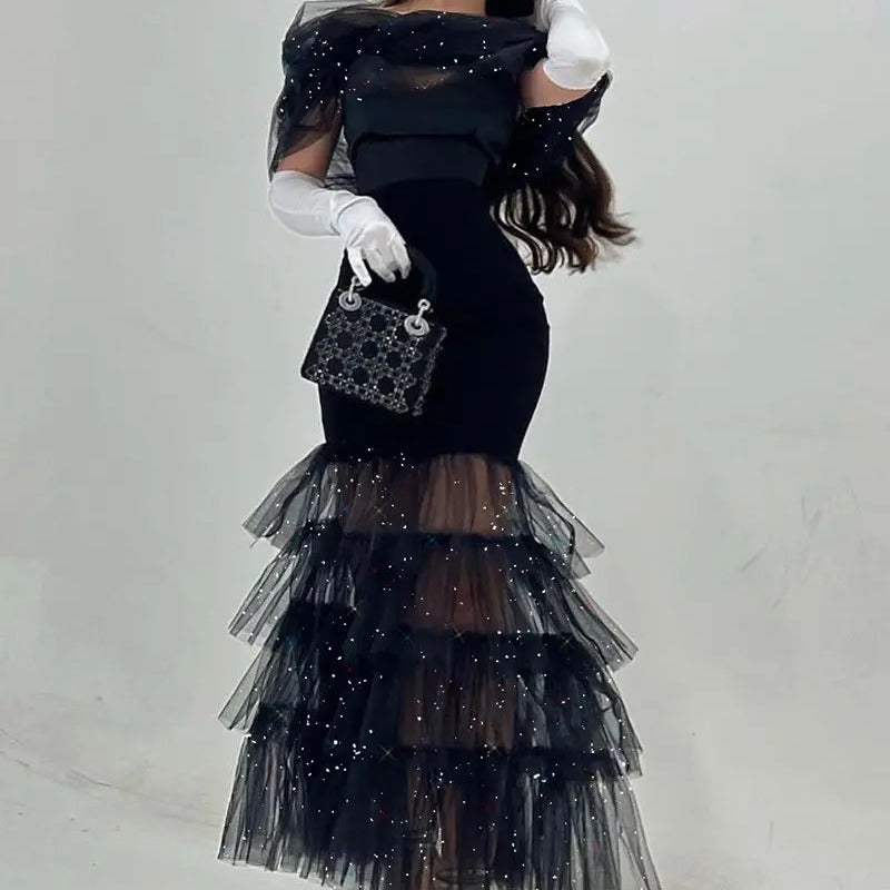 Damen Abendkleid Tüll schimmernd transparent Schulterpartie Schwarz - Eveloria