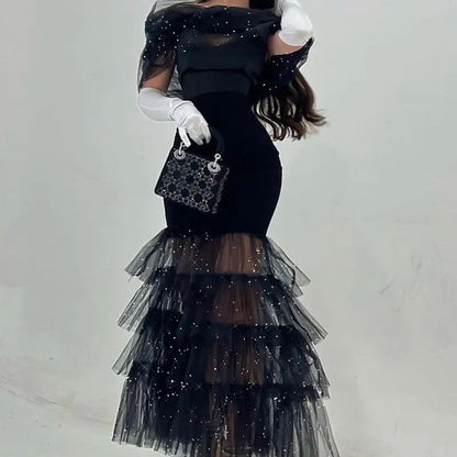 Damen Abendkleid Tüll schimmernd transparent Schulterpartie Schwarz - Eveloria