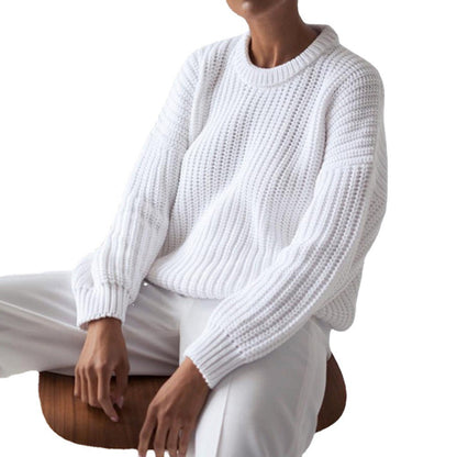 Damen Grobstrickpullover Weite Ärmel Rundhalsausschnitt Eveloria