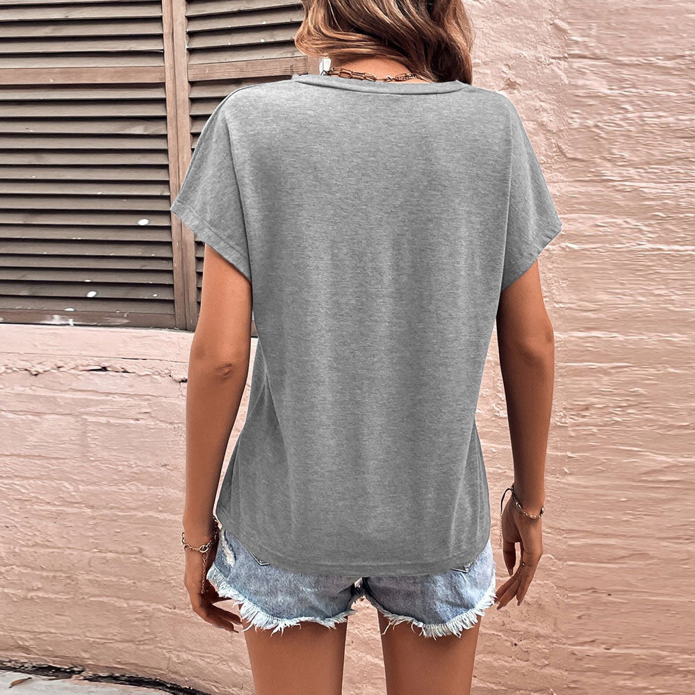 Damen V-Ausschnitt T-Shirt Überschnittene Ärmel Grau Eveloria