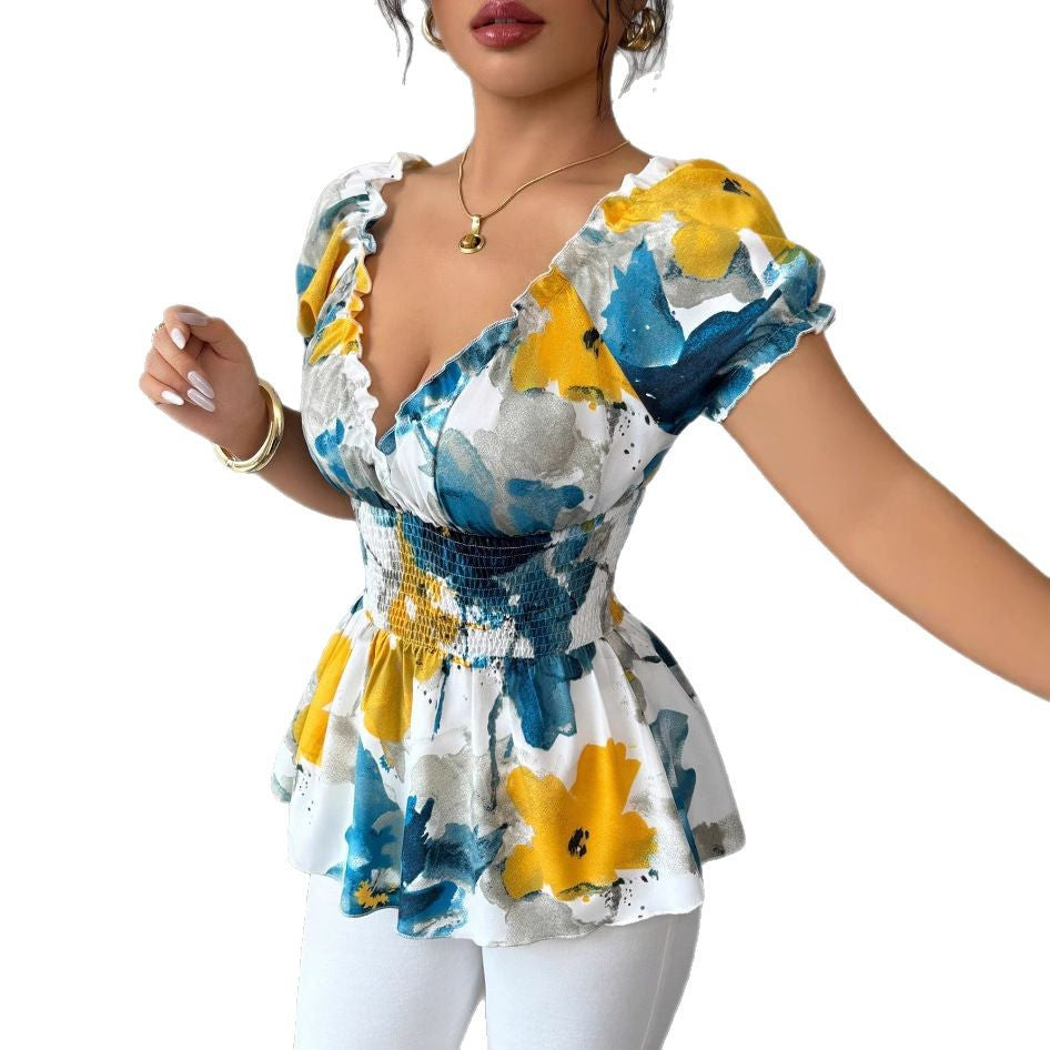 Damen Bluse Elastisch Floral Weiße Rüschen