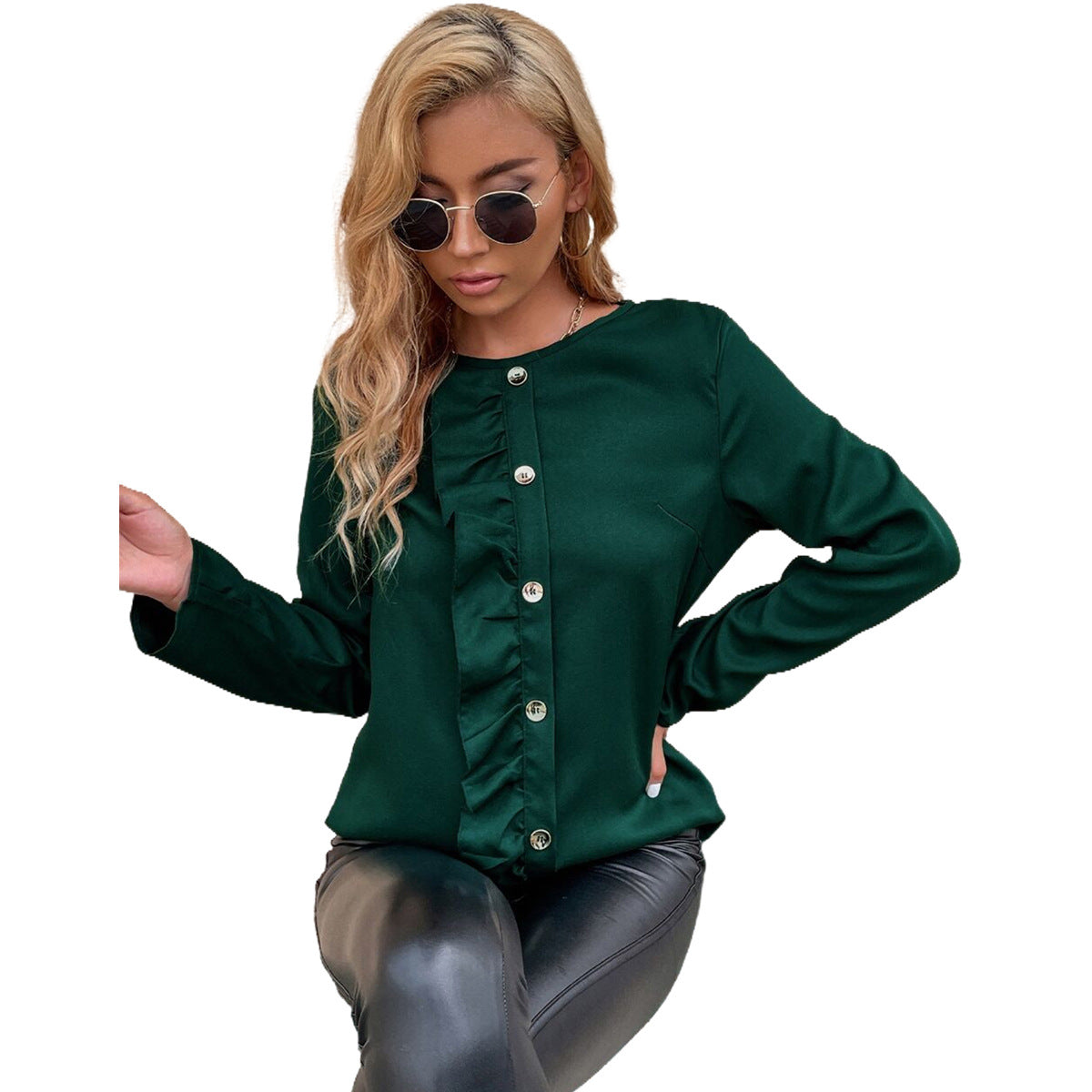 Damen Blusenshirt Rüschendetails Knopfverzierung Eveloria