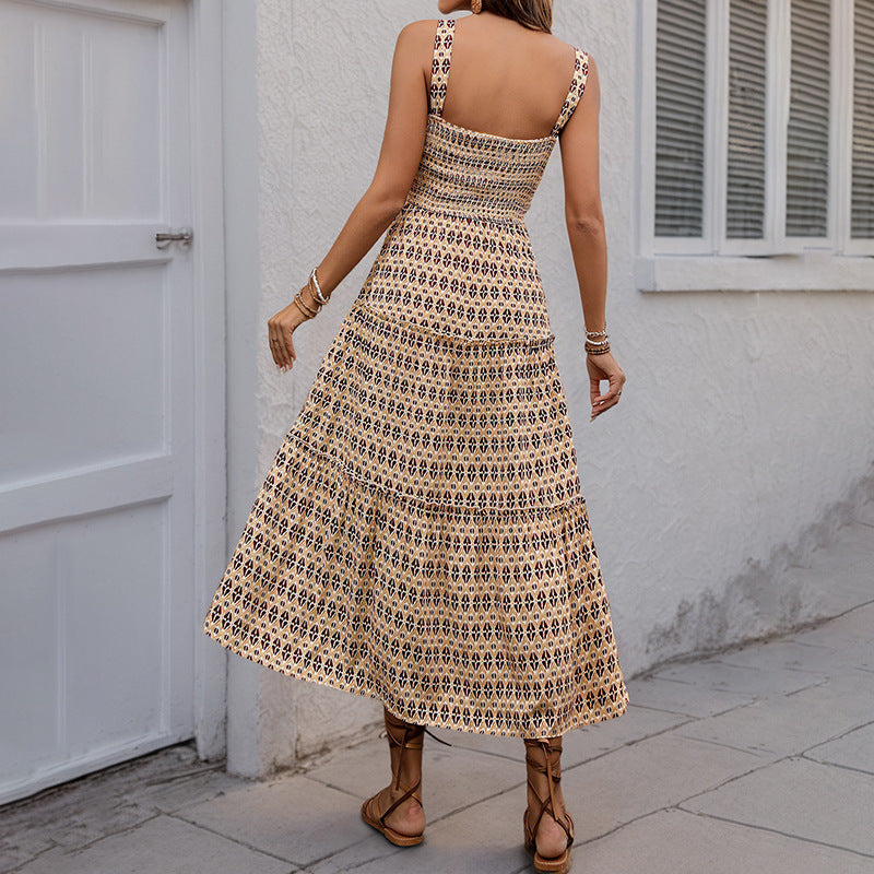Damen Maxikleid Strukturierte Rüschen Geometrie-Druck Eveloria
