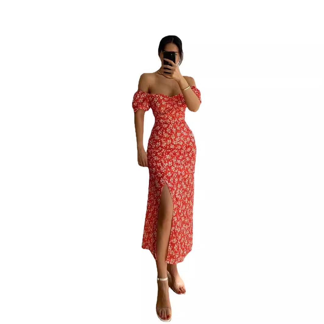 Damen Maxikleid Figurbetont Puffärmel Floralmuster