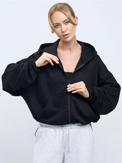 Damen Cropped Kapuzenjacke Reißverschluss Übergroße Ärmel Eveloria