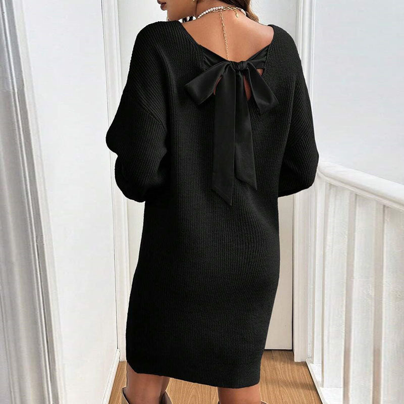 Damen Strickkleid Rückenausschnitt Schleife Eveloria