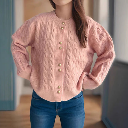 Damen Strickjacke Zopfmuster Perlenknöpfe Eveloria
