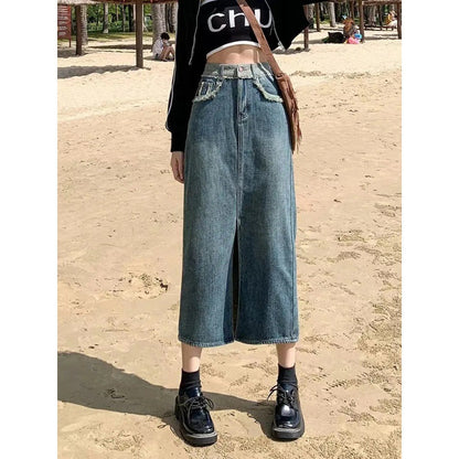 Damen Denim-Rock Lang Hochteilung Blau Eveloria