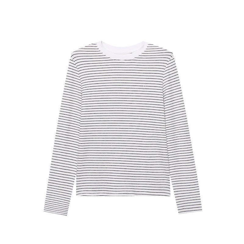 Damen Langarmshirt Klassisches Streifenmuster Rundhals Weiss