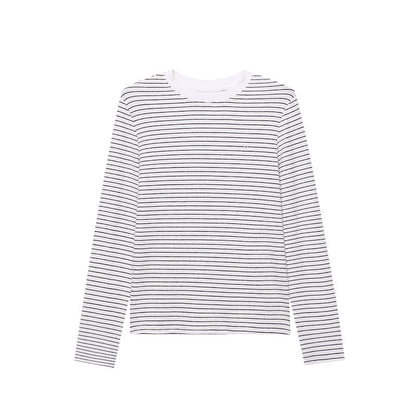 Damen Langarmshirt Klassisches Streifenmuster Rundhals Weiss