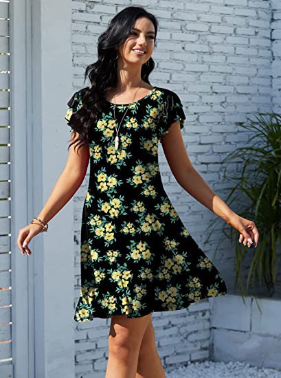 Damen Blumenkleid Sommer Rüschendetails schwingender Rock Eveloria