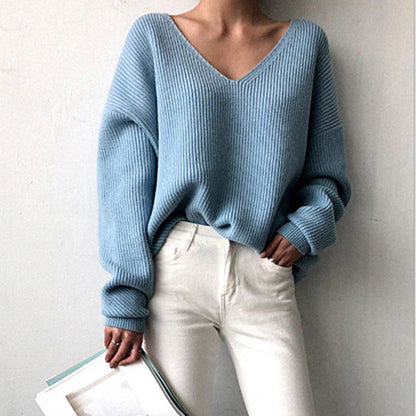 Damen Pullover V-Ausschnitt Strukturierter Look Breite Ärmel Grau
