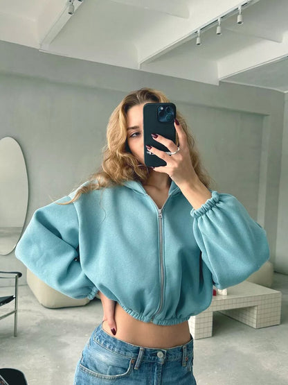 Damen Cropped Kapuzenpullover Voluminöse Ärmel Eveloria