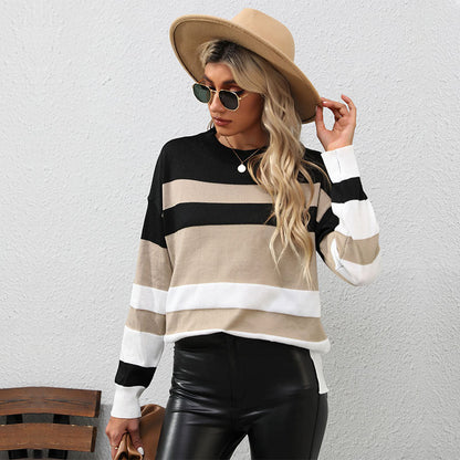 Damen Pullover Gestreift Lässiger Schnitt Kontrastdetails Eveloria