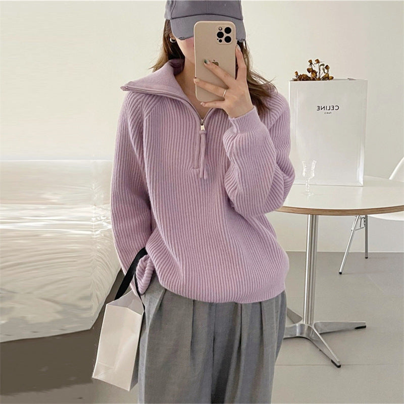 Damen Grobstrickpullover Reißverschluss Hoher Kragen Eveloria