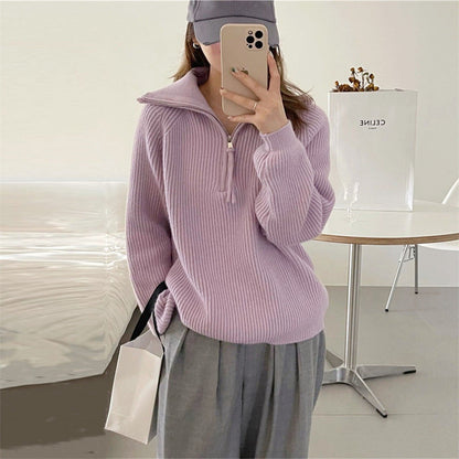 Damen Grobstrickpullover Reißverschluss Hoher Kragen Eveloria