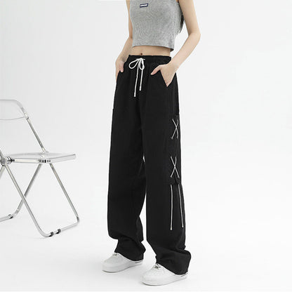Damen Cargo-Hose Weit mit Schnürung Beige
