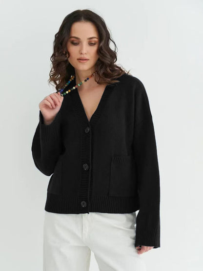 Damen Strickjacke V-Ausschnitt Taschen Grau Eveloria