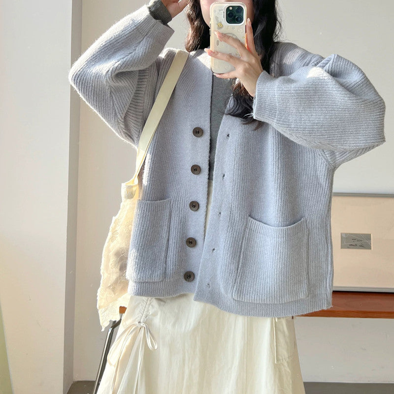 Damen Strickjacke Kuschelig Große Taschen Knöpfe Beige