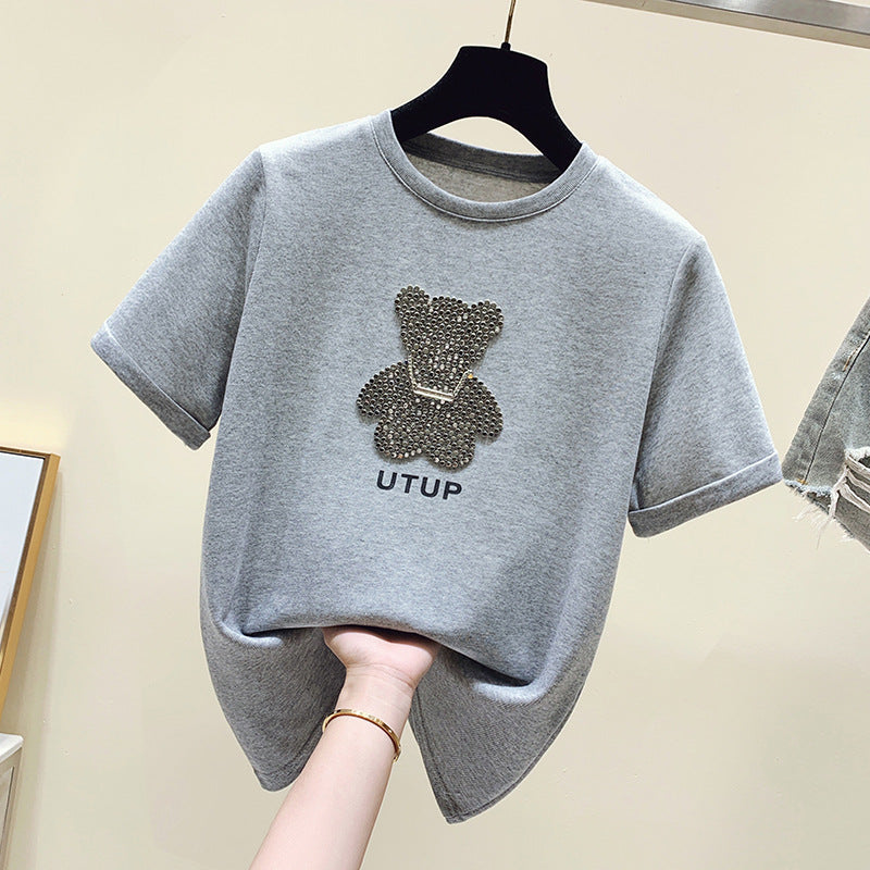 Damen T-Shirt mit Glitzerbärenmotiv Lässiger Schnitt
