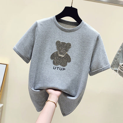 Damen T-Shirt mit Glitzerbärenmotiv Lässiger Schnitt