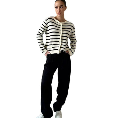 Damen Strickjacke Gestreift mit Knöpfen Eveloria